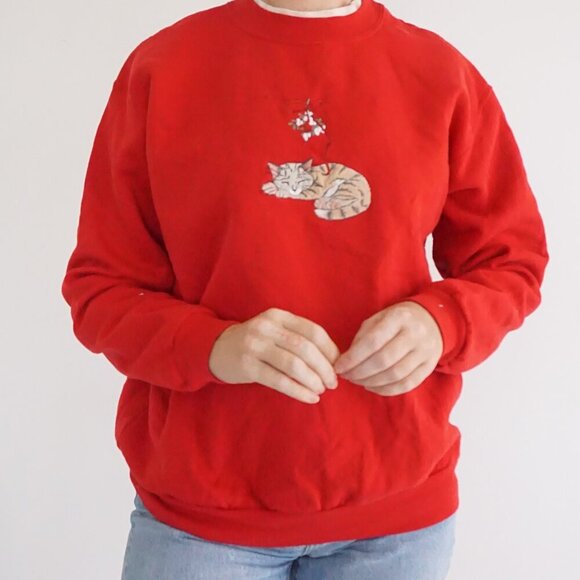 Vintage Top Stitch Morning Sun Red Embroidered Sleeping Kitten Crew Sweater L - Picture 2 of 10
